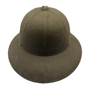 Vintage Military Pith Helmet Hat Canvas Khaki Green Liner Vent Holes Authentic